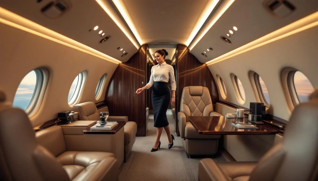 The image depicts a luxurious private jet parked at a sleek airport terminal, showcasing the elegance of private aviation. Passengers enjoy a seamless air travel experience, highlighting the convenience of air charter services and exclusive amenities tailored for business and leisure travel.