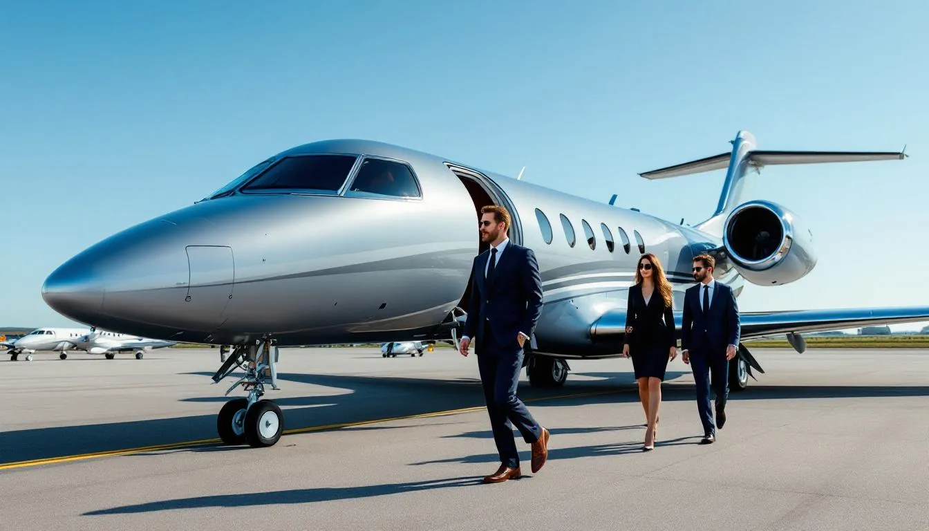 The image showcases a sleek private jet parked at a luxurious airport, symbolizing the high-end private aviation market. It represents the exclusive experience of private flights, catering to both business and leisure travelers seeking comfort and convenience in their journeys.