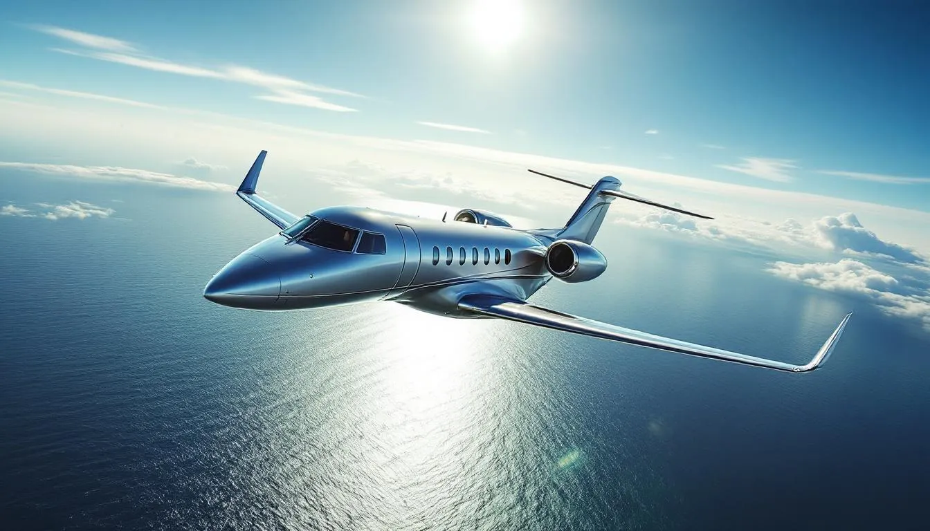 A private jet soars through the sky, showcasing its sleek design against a backdrop of fluffy clouds, symbolizing the luxurious flying experience of private air travel. This image captures the essence of private flights, offering unparalleled service and comfort to its passengers as they travel to their destinations.
