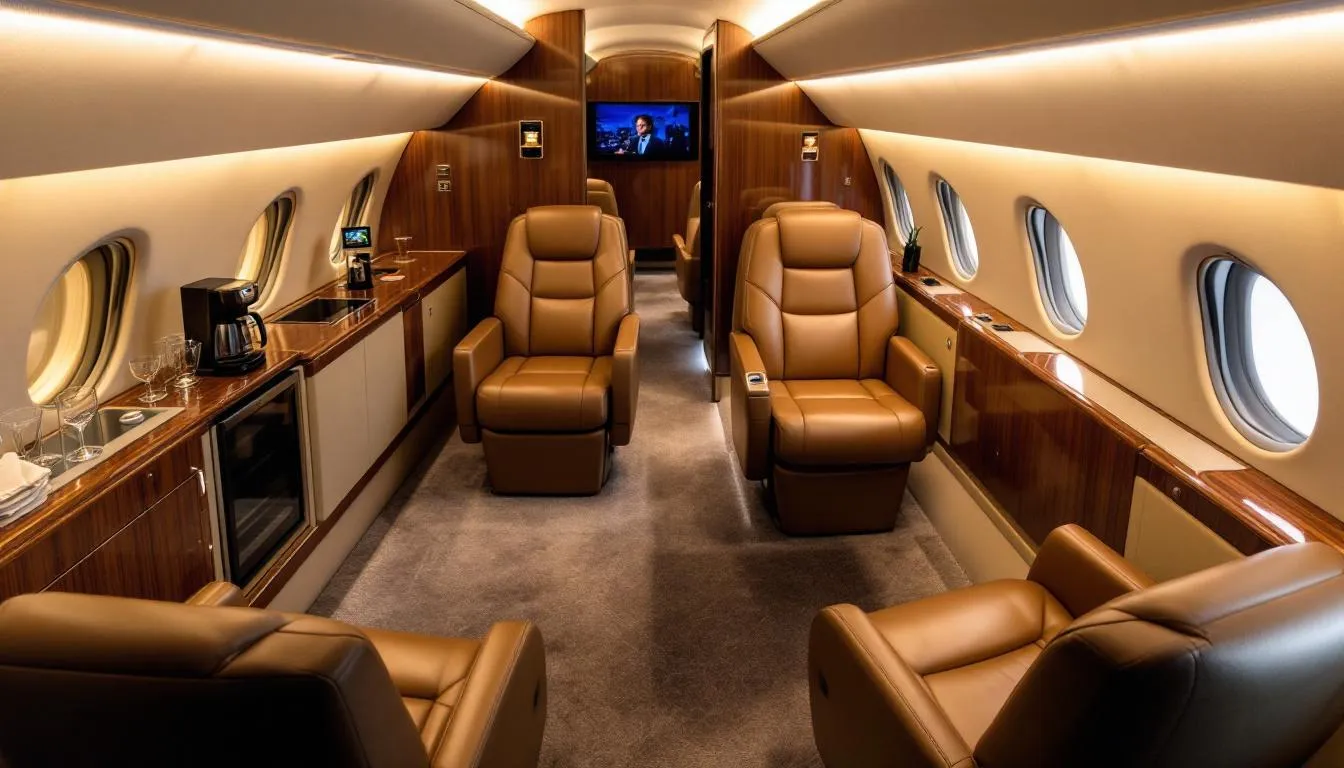 The image showcases the luxurious interior of a private jet, highlighting premium amenities and services designed for an exceptional private jet travel experience. Features such as plush seating, a well-equipped galley, and elegant decor exemplify the comfort and sophistication that discerning travelers can expect from private jet charters.