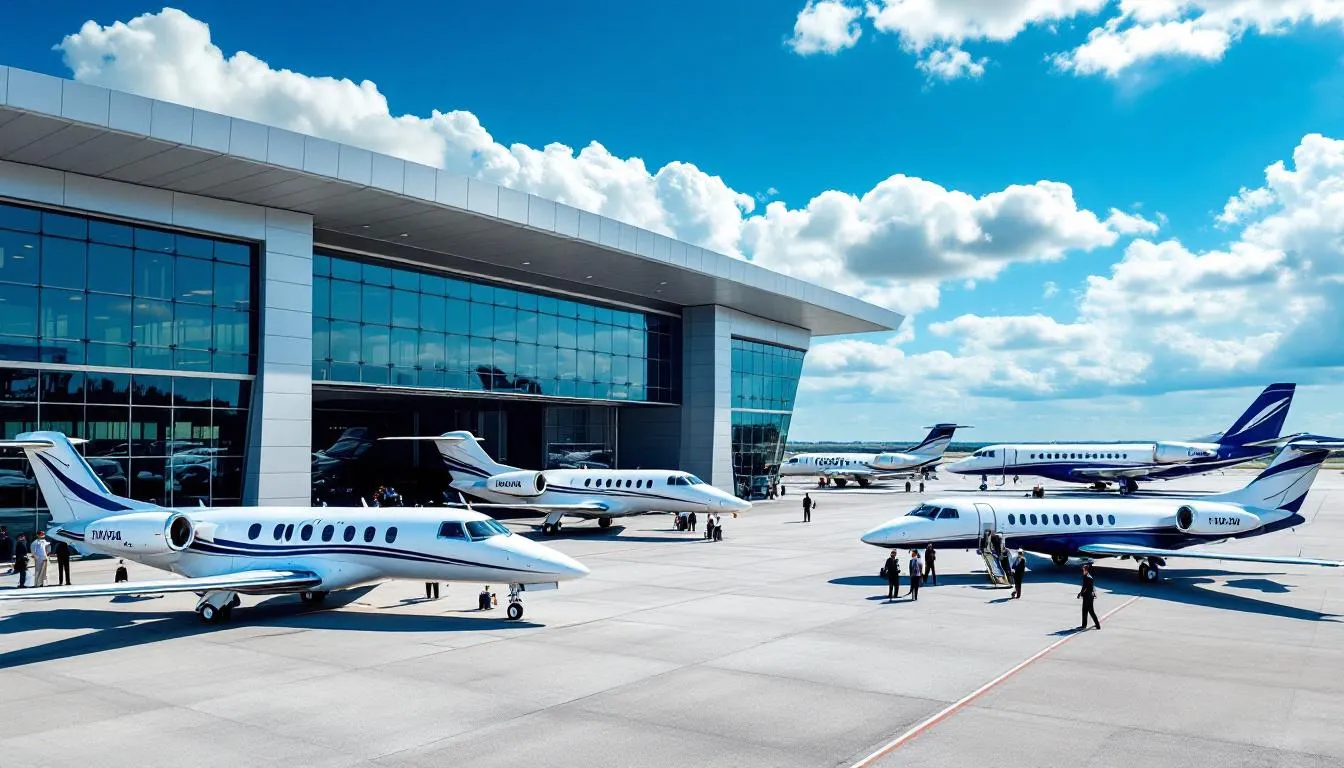The image depicts a modern aviation terminal showcasing various private jet rental options, highlighting a range of private jets available for charter flights. It emphasizes the convenience of private aviation, with details on private jet charter services and amenities for discerning travelers.