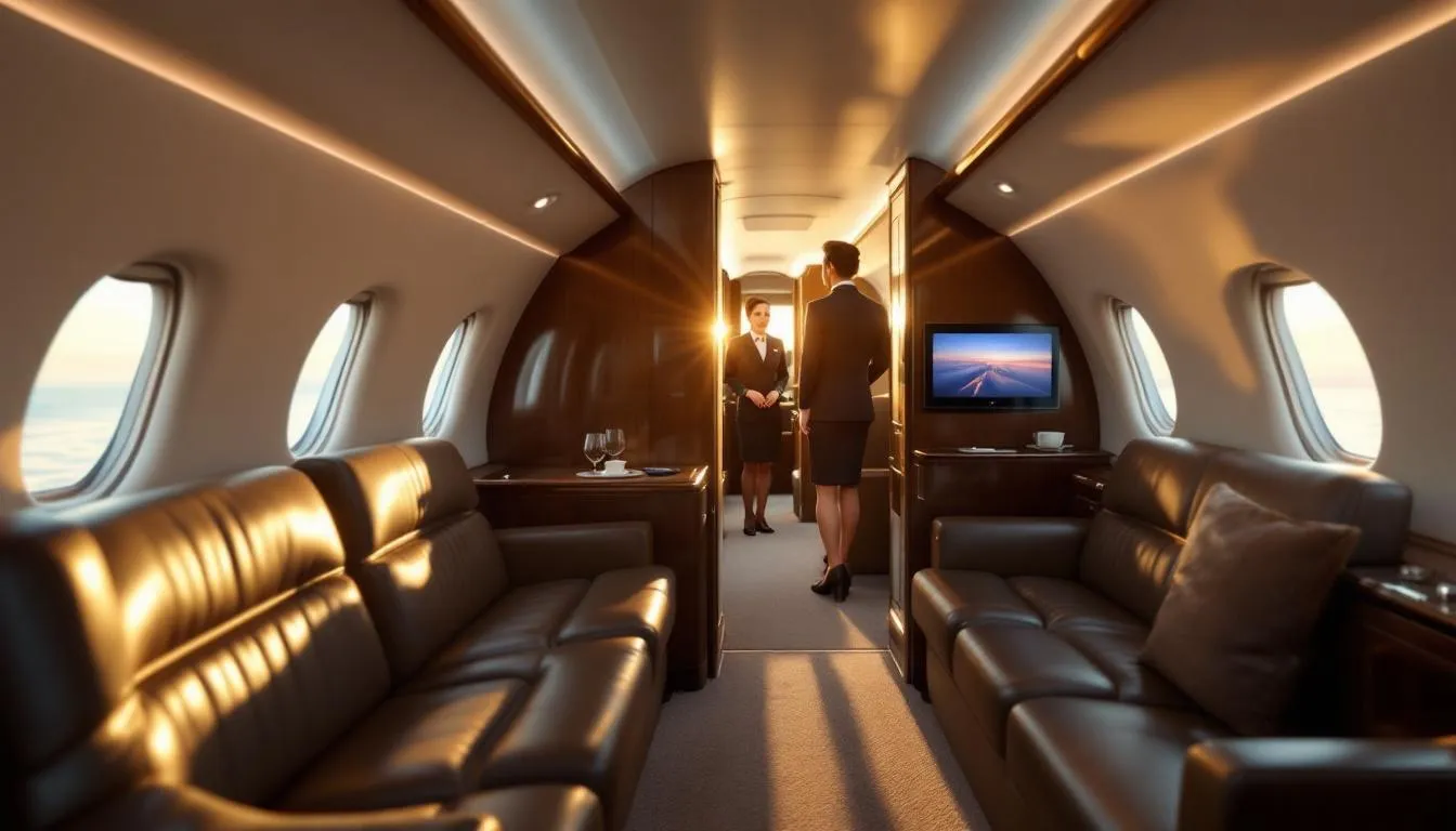The image depicts a luxurious private jet on a tarmac, showcasing its sleek design and spacious cabin, which highlights the comfort and exclusivity of private jet travel. This visual emphasizes the benefits of private jet charter services, including flexibility in travel plans and the potential costs associated with private jet rental.