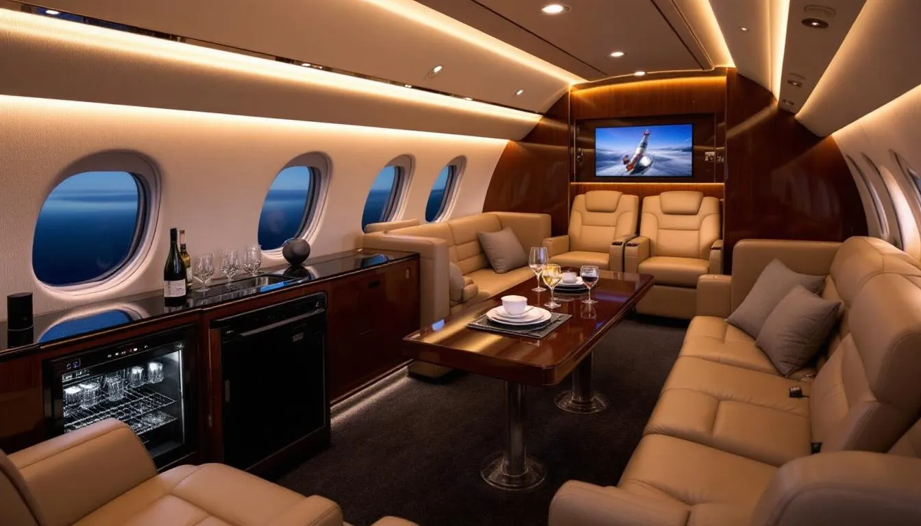 The image depicts a modern private jet parked at a private terminal, symbolizing the luxury and convenience of semi private jet flights. This setting highlights the personalized service and comfortable seating that travelers can expect when flying private, catering to discerning travelers seeking a cost-effective alternative to traditional commercial air travel.