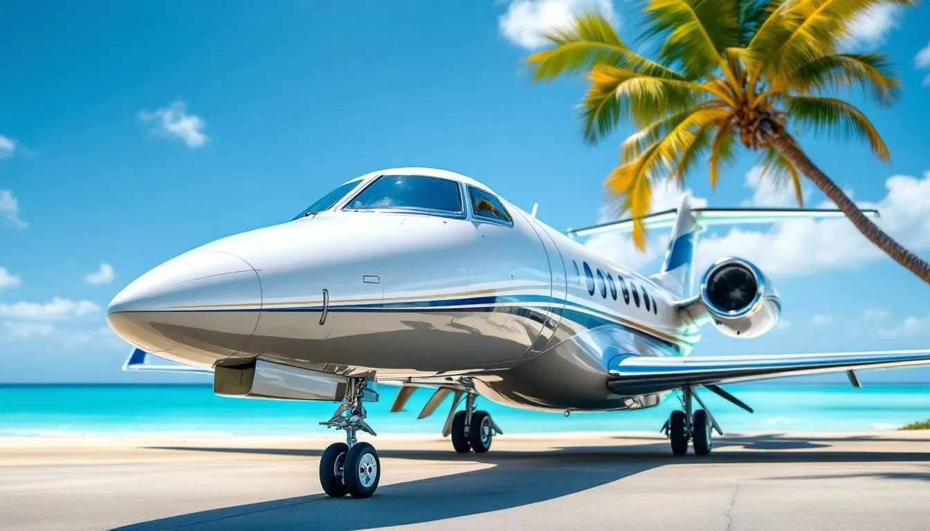 This image depicts a luxurious private jet ready for charter flights to Hawaii, showcasing its sleek design and spacious interior, ideal for travelers seeking comfort on their journey to the Hawaiian Islands. The backdrop features a clear blue sky and hints of the Pacific Ocean, emphasizing the destination's tropical allure.