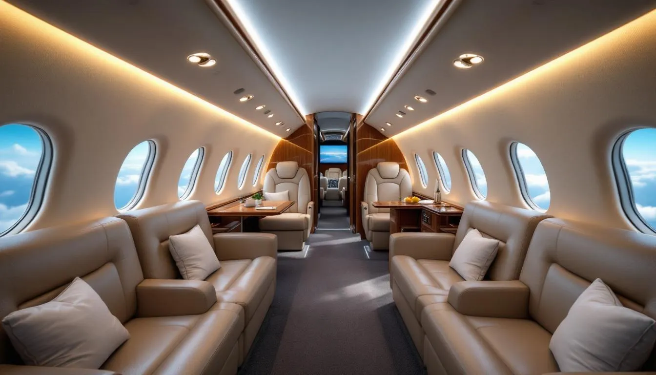 The image illustrates the luxurious experience of private jet ownership, showcasing a sleek private jet parked at a private terminal. Inside, the spacious cabin features individual seats designed for comfort, highlighting the unique benefits of private jet travel, including convenience and personalized service.