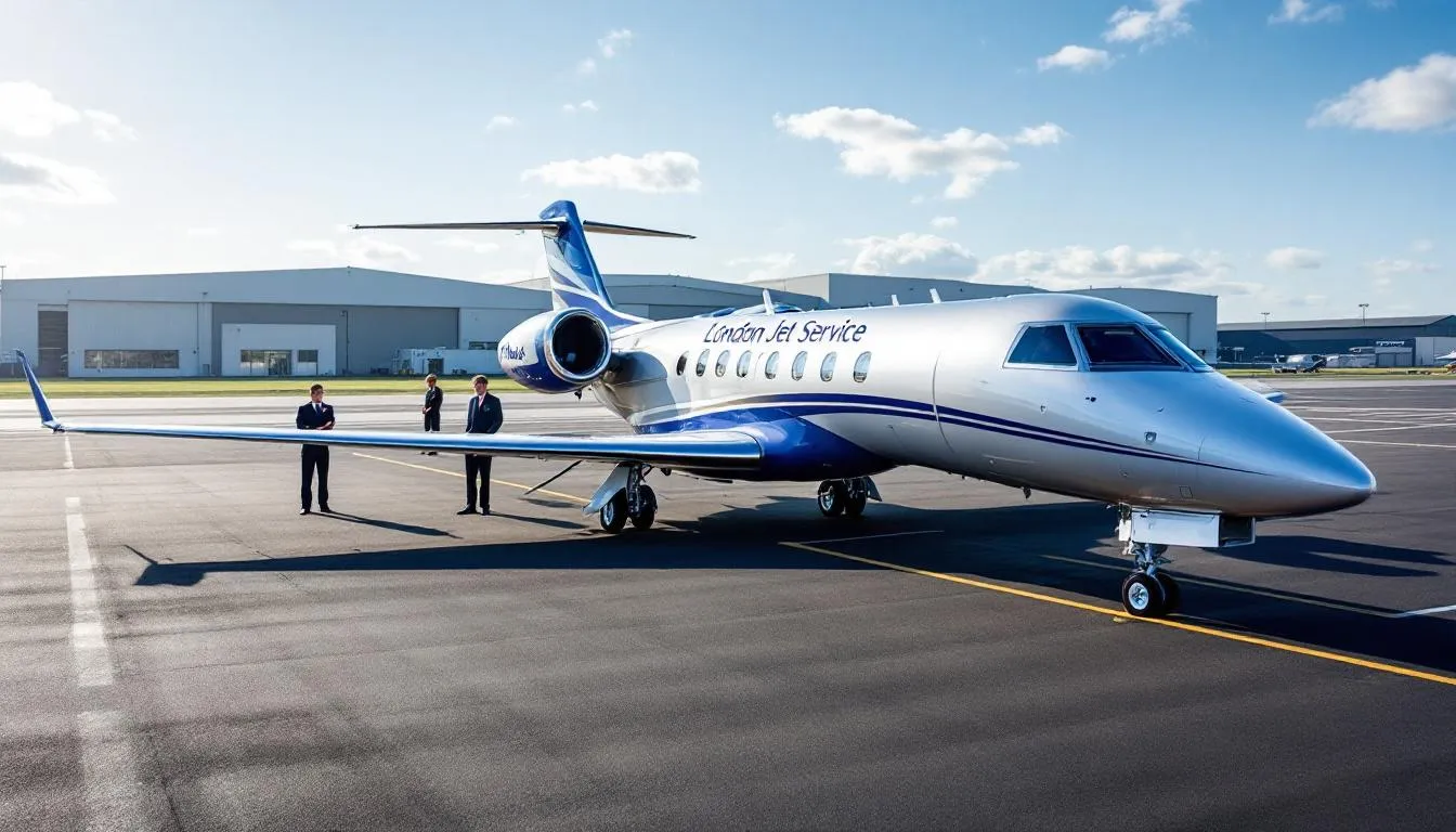 The image showcases a sleek private jet ready for boarding at London Biggin Hill Airport, highlighting the luxury and comfort of fractional jet ownership. Passengers can easily arrange their private flights, ensuring a smooth journey to their desired destinations with top-notch catering and crew services.