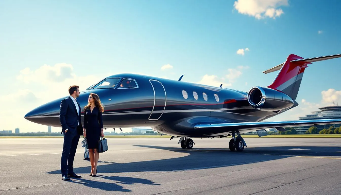 The image depicts a private jet airport in London, showcasing sleek private jets parked on the tarmac, ready for passengers to board their luxury flights. The scene highlights the convenience of private jet charter services at London Biggin Hill Airport, emphasizing the comfort and exclusivity of flying privately.