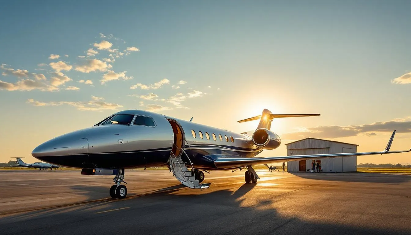 The image depicts a luxurious private jet parked at an airport, ready for private jet travel to Florida. This scene highlights the convenience and comfort of private jet charters, ideal for travelers heading to popular destinations like Miami and Orlando.