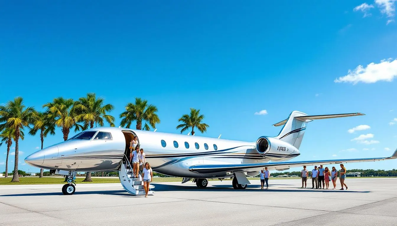The image depicts a luxurious private jet ready for chartering, showcasing its sleek design and spacious interior, ideal for private flights to Florida. It highlights the convenience of private jet travel, offering a comfortable and exceptional travel experience to destinations like Miami, Orlando, and Palm Beach.