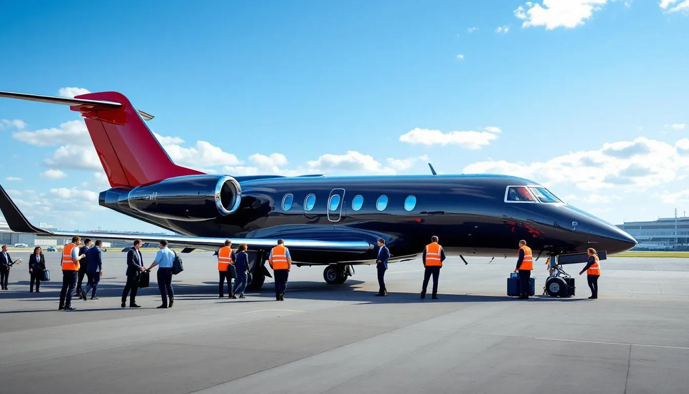 The image depicts a busy private jet aviation operation scene, showcasing aircraft on the tarmac, with pilots and crew preparing for charter flights. This operation adheres to federal aviation regulations and is focused on on-demand operations, ensuring safe air transportation for passengers between two or more points.