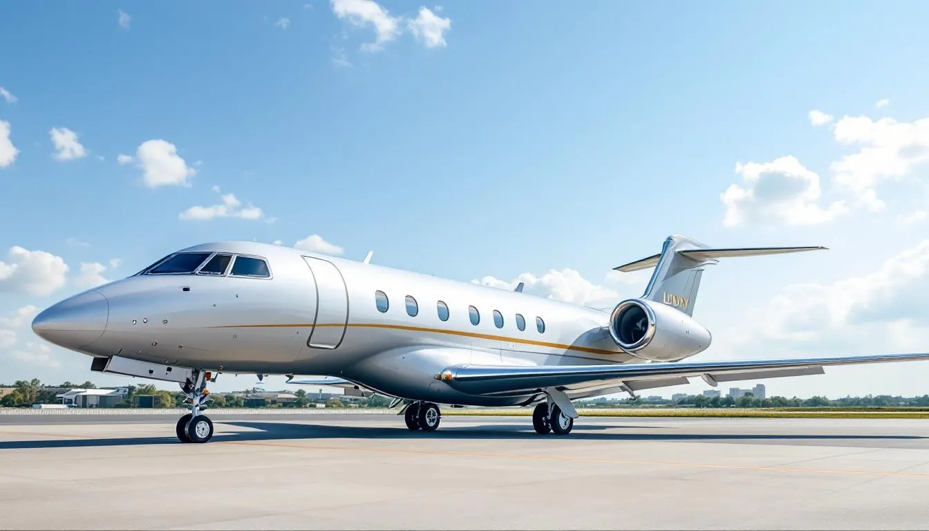 A luxurious private airliner is showcased, featuring a sleek design and spacious interior, catering to discerning travelers seeking an exceptional private jet experience. The image highlights the comfort and elegance of private jet travel, ideal for business executives and leisure travelers alike.
