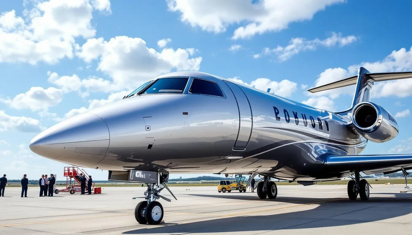 The image showcases a luxurious private jet parked at a private terminal, ready for passengers to embark on their next adventure. This private jet experience offers seamless travel to remote destinations, providing access to stunning accommodations and unique experiences around the world.