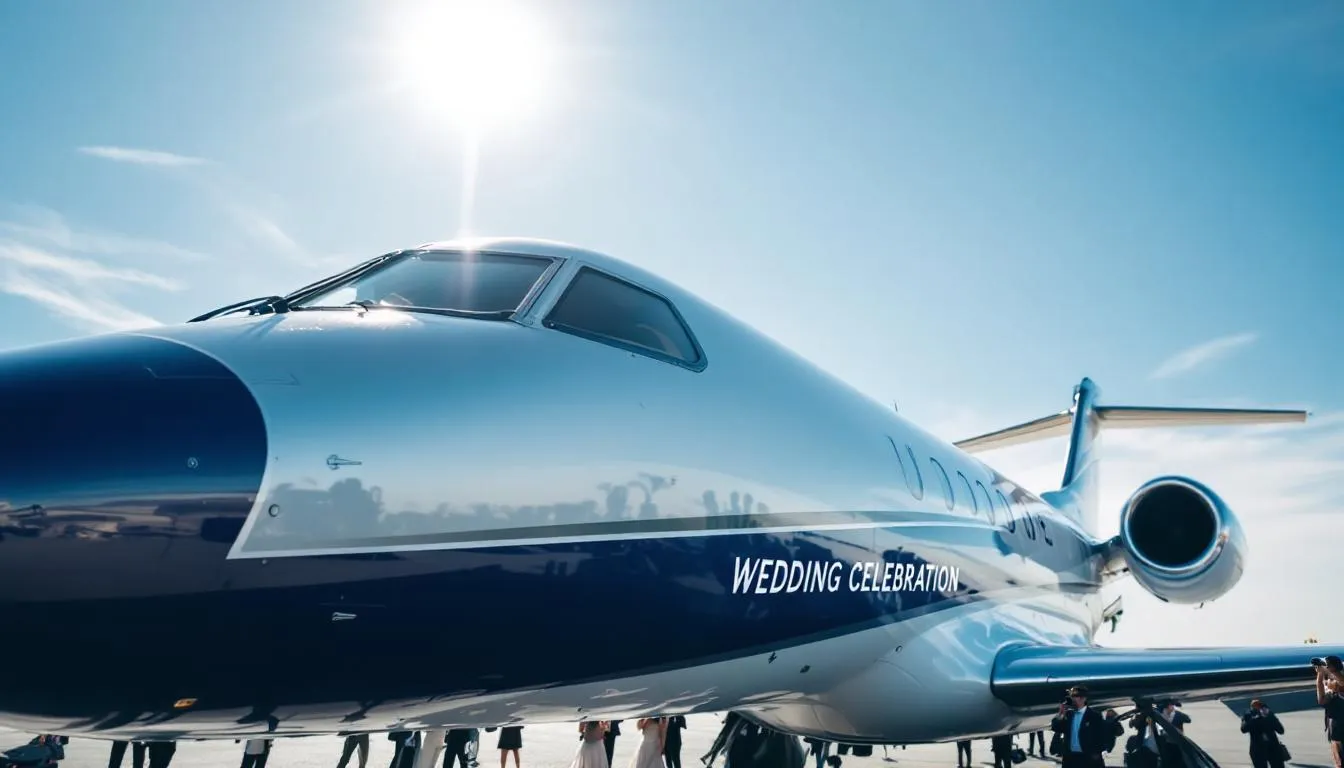 An elegant private jet is showcased, symbolizing luxury and convenience for special occasions, with an emphasis on private jet charter services that provide tailored travel experiences. The image highlights the seamless journey and exclusive access to private terminals, appealing to both leisure and corporate travelers seeking the best aircraft for their specific travel needs.
