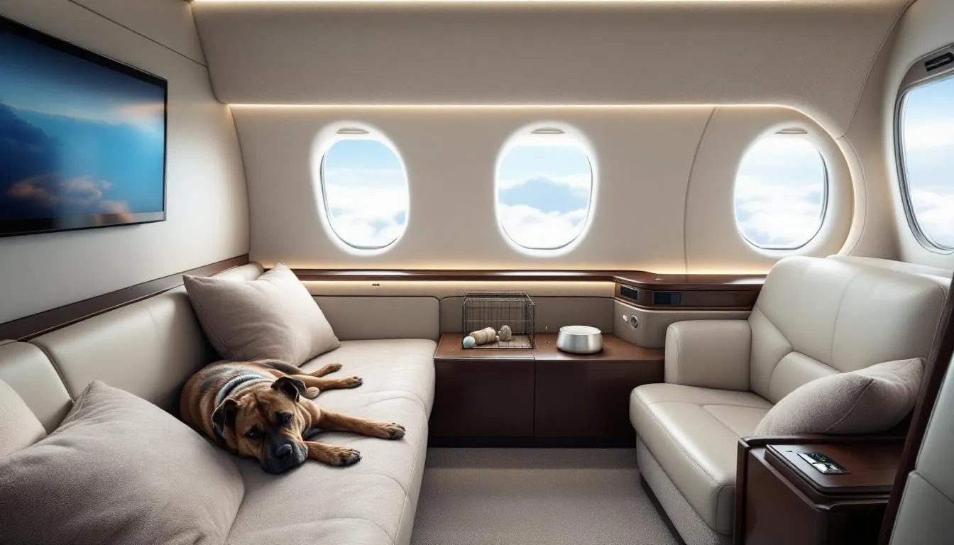 The image depicts a luxurious private jet ready for pet-friendly travel, showcasing the spacious interior designed to accommodate both passengers and their furry companions. This private jet charter service emphasizes comfort and convenience, allowing travelers to enjoy their journey with their pets while flying on empty leg flights or private jet flights to various destinations.