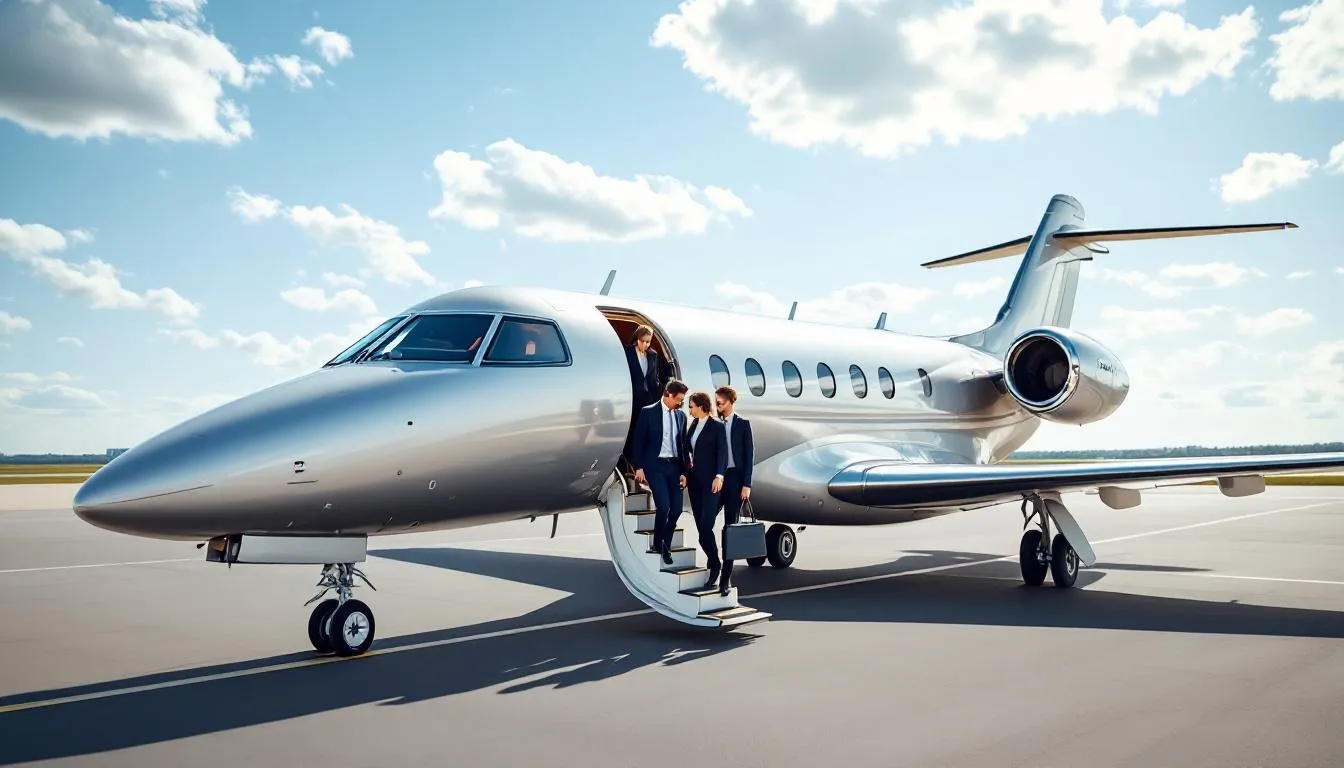 The image showcases a luxurious fleet of private jets ready for charter, highlighting the convenience of private jet travel. These premium aircraft are available for empty leg flights, allowing passengers to fly on their own schedule while enjoying the comfort and exclusivity of private jet charter services.