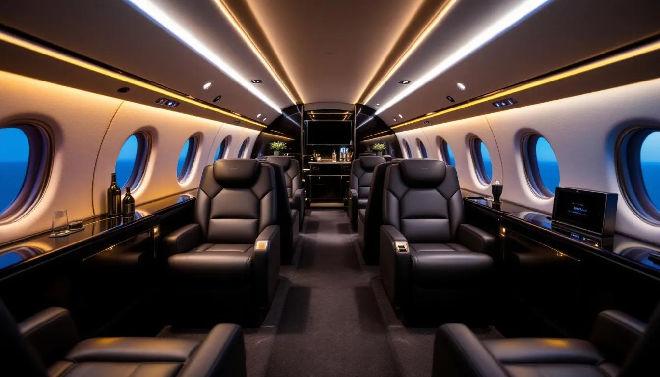 The image showcases a luxurious large private jet, designed to comfortably accommodate up to 20 passengers, featuring spacious cabins and private bedrooms. This private aircraft offers exceptional amenities and personalized service, making it ideal for group trips and international flights.
