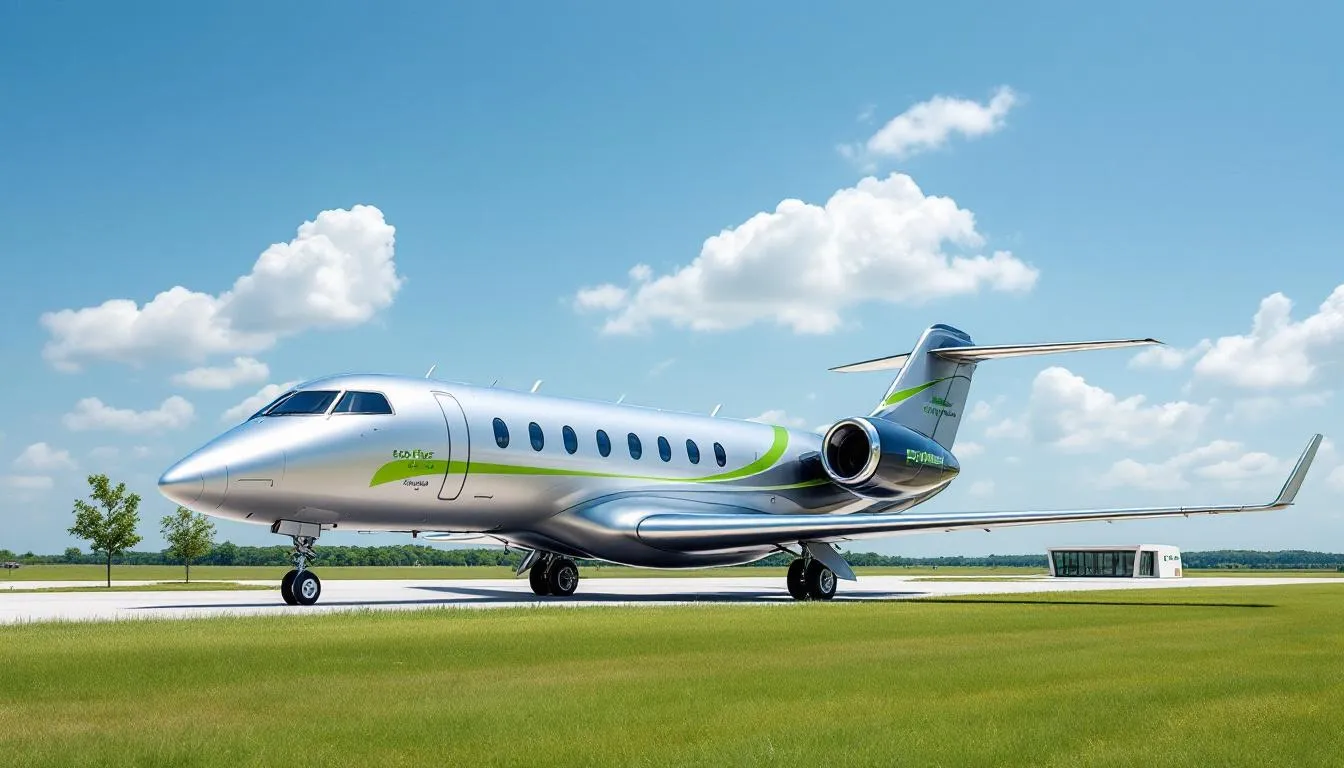 The image showcases various sustainable private jet options available for travelers, highlighting the luxury aviation market's shift towards eco-friendly aircraft. It features a selection of private jets, including light jets and midsize jets, set against a backdrop of popular private jet destinations in California, such as Los Angeles and San Francisco.
