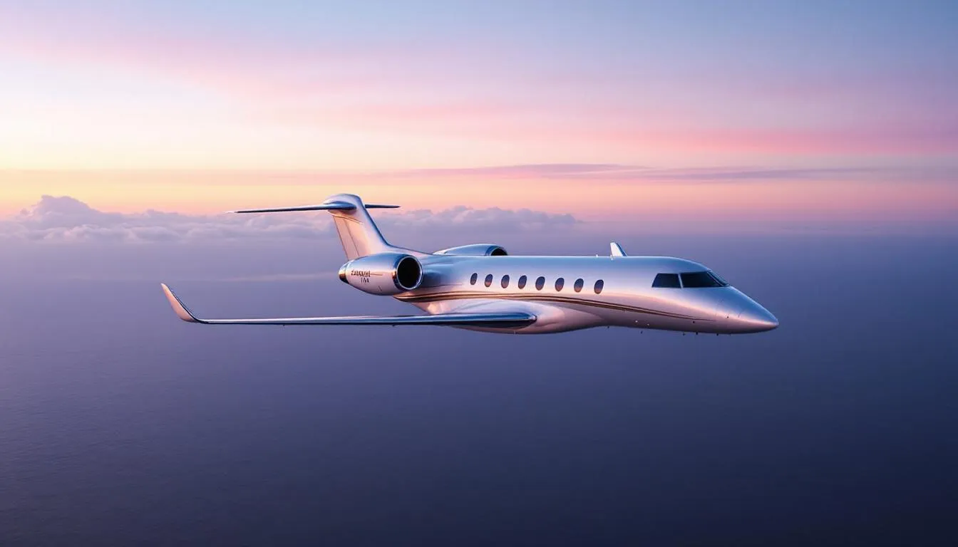 An image depicting a sleek private jet soaring through a clear blue sky, symbolizing luxury private flight to California. The background features iconic California landscapes, hinting at popular destinations like Los Angeles and San Francisco, showcasing the appeal of private jet charters for both business and leisure travelers.