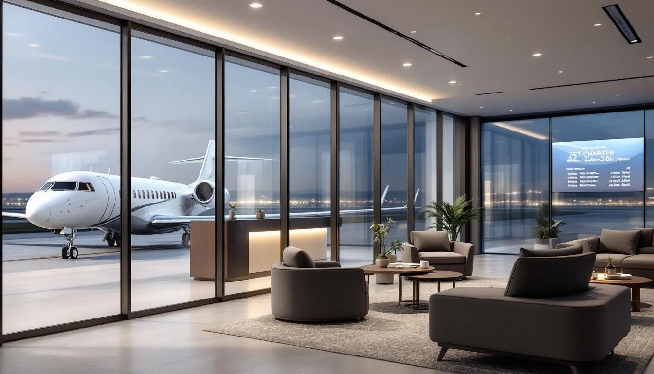 The image showcases a sleek private jet at a private terminal, emphasizing the luxury and convenience of private jet travel for business and leisure travelers. This scene highlights the seamless journey and personalized service that come with flying privately, allowing travelers to reach exclusive destinations without the hassles of commercial flights.