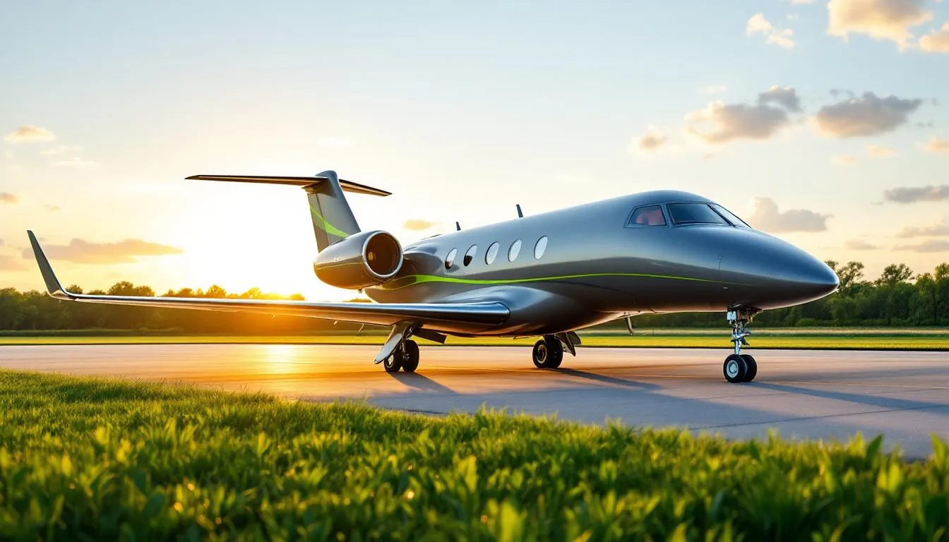 The image depicts a sleek, modern private jet, symbolizing the luxurious and sustainable private jet travel options available for travelers heading to Las Vegas. Emphasizing eco-friendly aviation, the jet is shown flying over the vibrant cityscape, highlighting the convenience of private jet charters and the seamless journey they provide for leisure travelers.