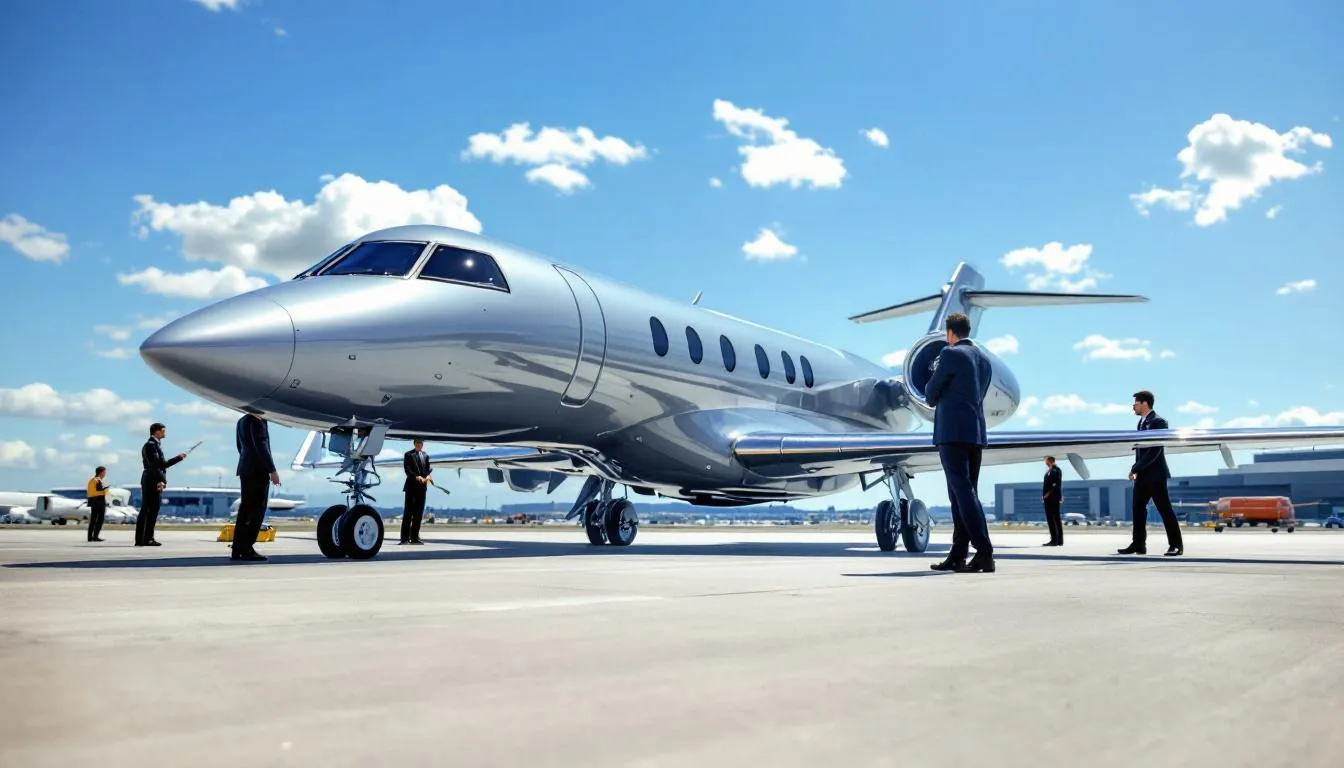 The image depicts a sleek private jet ready for takeoff at a private terminal, symbolizing luxury air travel to Las Vegas. In the background, the vibrant skyline of Las Vegas can be seen, highlighting the city as the entertainment capital, while the jet represents the convenience of private jet charters for travelers seeking a seamless journey.