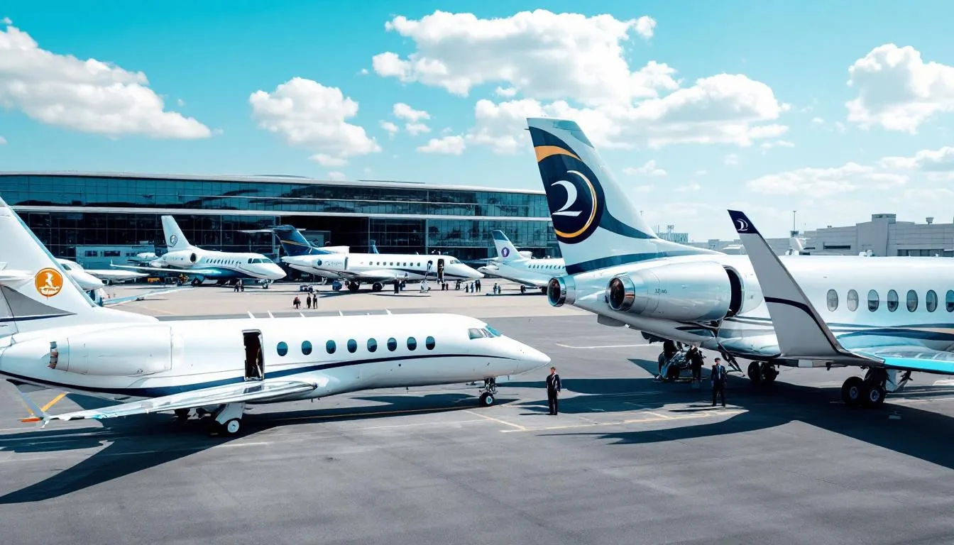 The image depicts several private jet aircrafts parked at an international airport, showcasing the luxury of private aviation. These jets are ready for passengers embarking on their ultimate flying experience, whether for leisure or business trips.