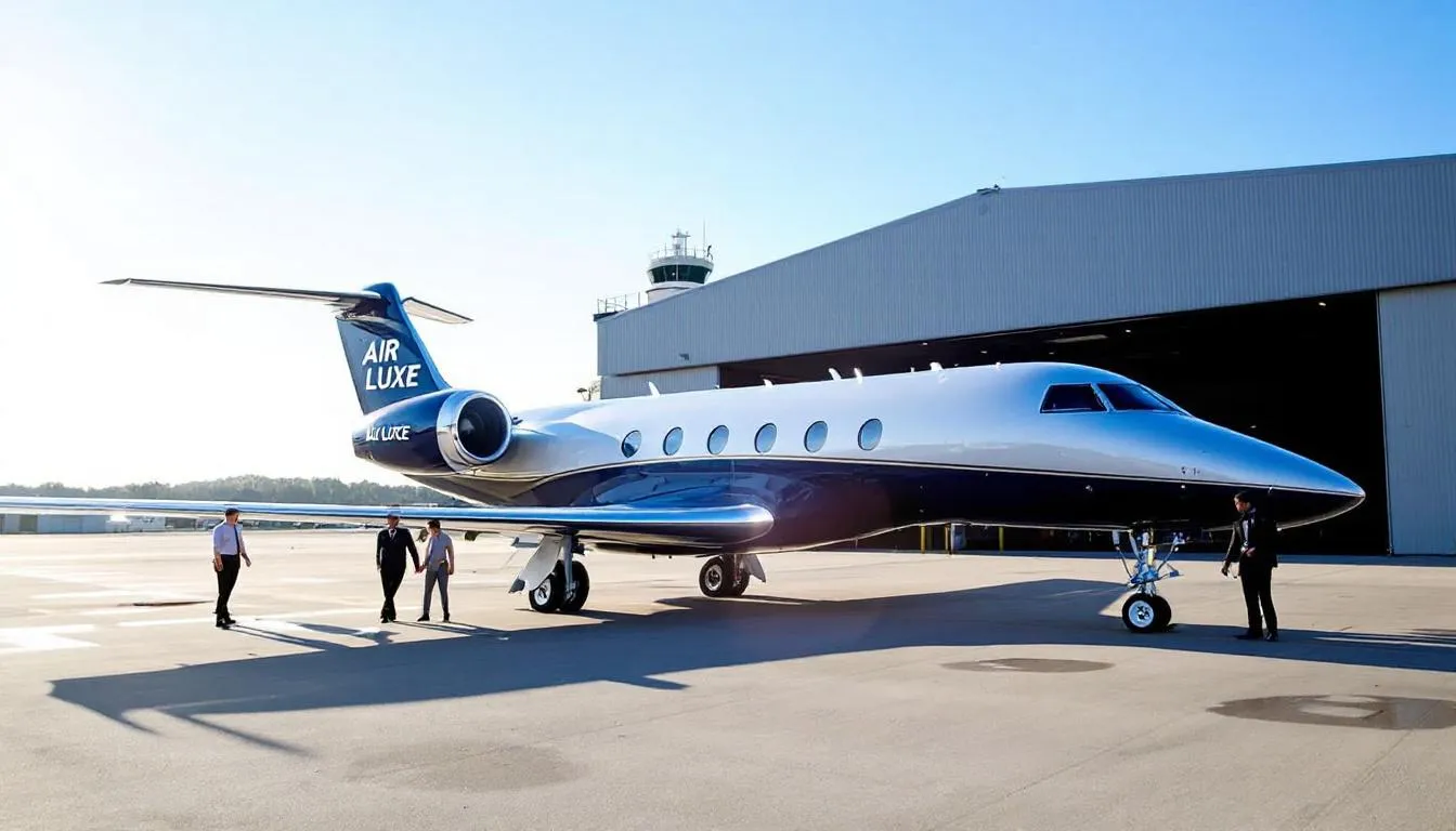 The image showcases a luxurious private jet, highlighting its sleek design and spacious interior, perfect for private aviation enthusiasts. Inside, passengers can enjoy inflight dining and comfortable seating, offering the ultimate flying experience for both leisure and business trips.