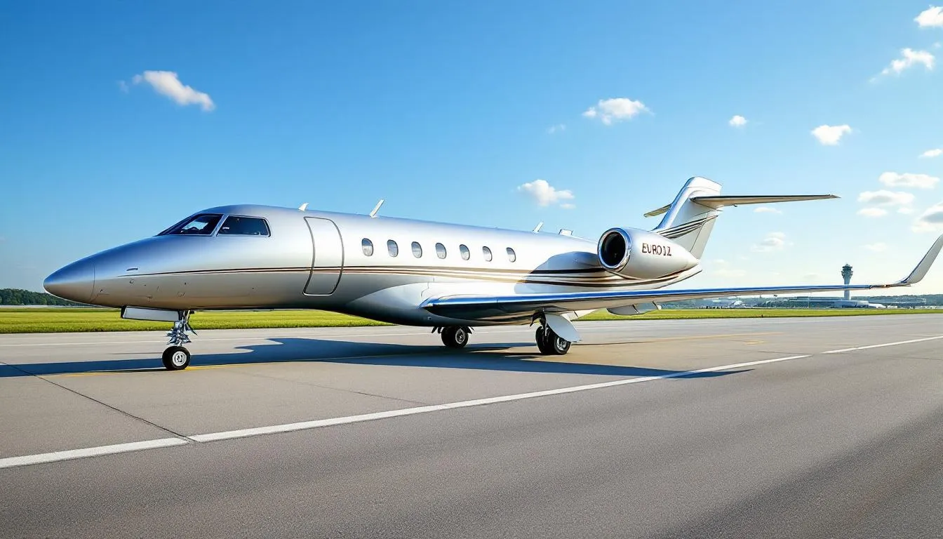 The image depicts a luxurious private jet on the tarmac, ready for takeoff to Europe, showcasing the elegance of private jet travel. The scene highlights the convenience of private jet charters, emphasizing the comfort and efficiency of flying privately compared to commercial flights.