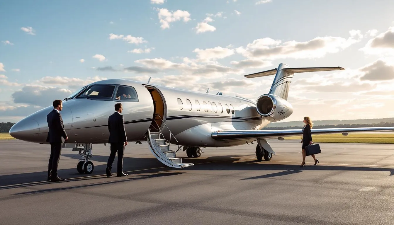The image depicts a luxurious private jet at London Luton Airport, showcasing the sleek design of the aircraft against the backdrop of the airport's single runway. This scene highlights the convenience and efficiency of private aviation, catering to discerning travelers seeking a hassle-free flying experience.