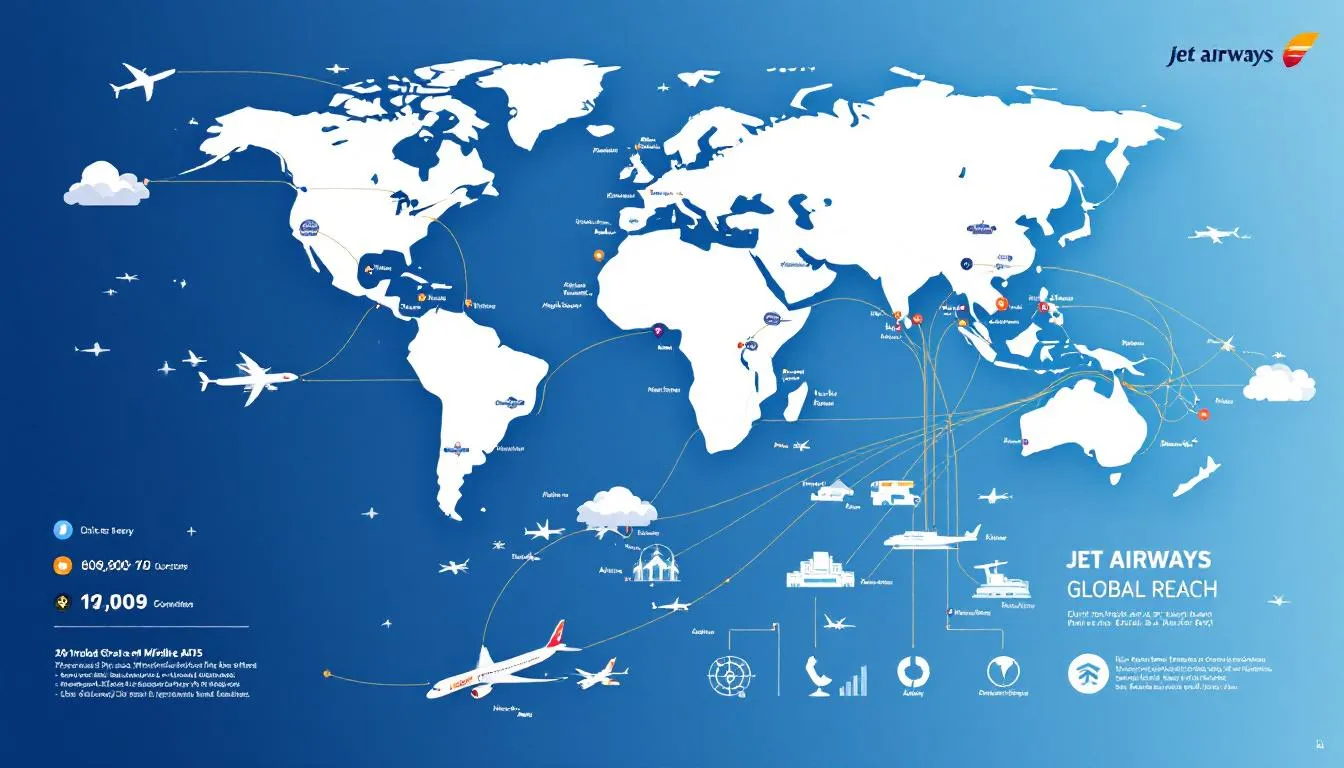 The image depicts a Jet Airways aircraft soaring through the skies, symbolizing the airline's international expansion and renewed operations. With a focus on connecting destinations in Southeast Asia, the Middle East, and Europe, Jet Airways aims to enhance its fleet and services for passengers, marking a significant step in its journey towards recovery.