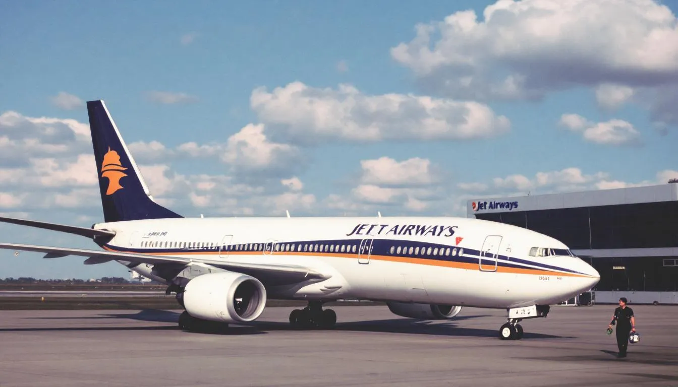 The image showcases the Jet Airways fleet, highlighting various aircraft models such as Boeing, along with information about their scheduled airline status and international routes connecting destinations in Southeast Asia, the Middle East, and Europe. The visual reflects the airline's history and operations, emphasizing its commitment to delivering quality services to passengers and customers.