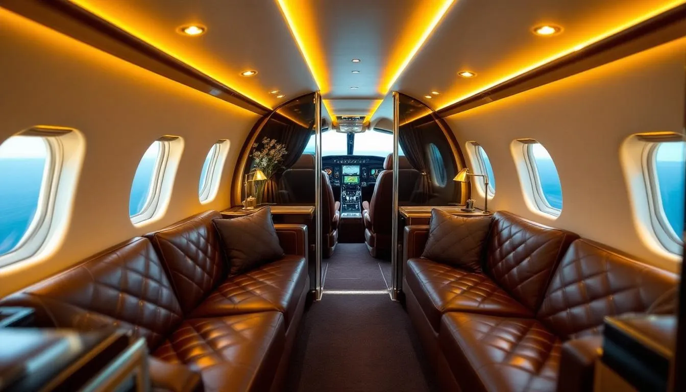 The image depicts a luxurious private jet ready for a charter flight, showcasing its sleek design and spacious cabin interior. This private jet charter service emphasizes the comfort and exclusivity of private aviation, catering to both business and leisure travel needs.