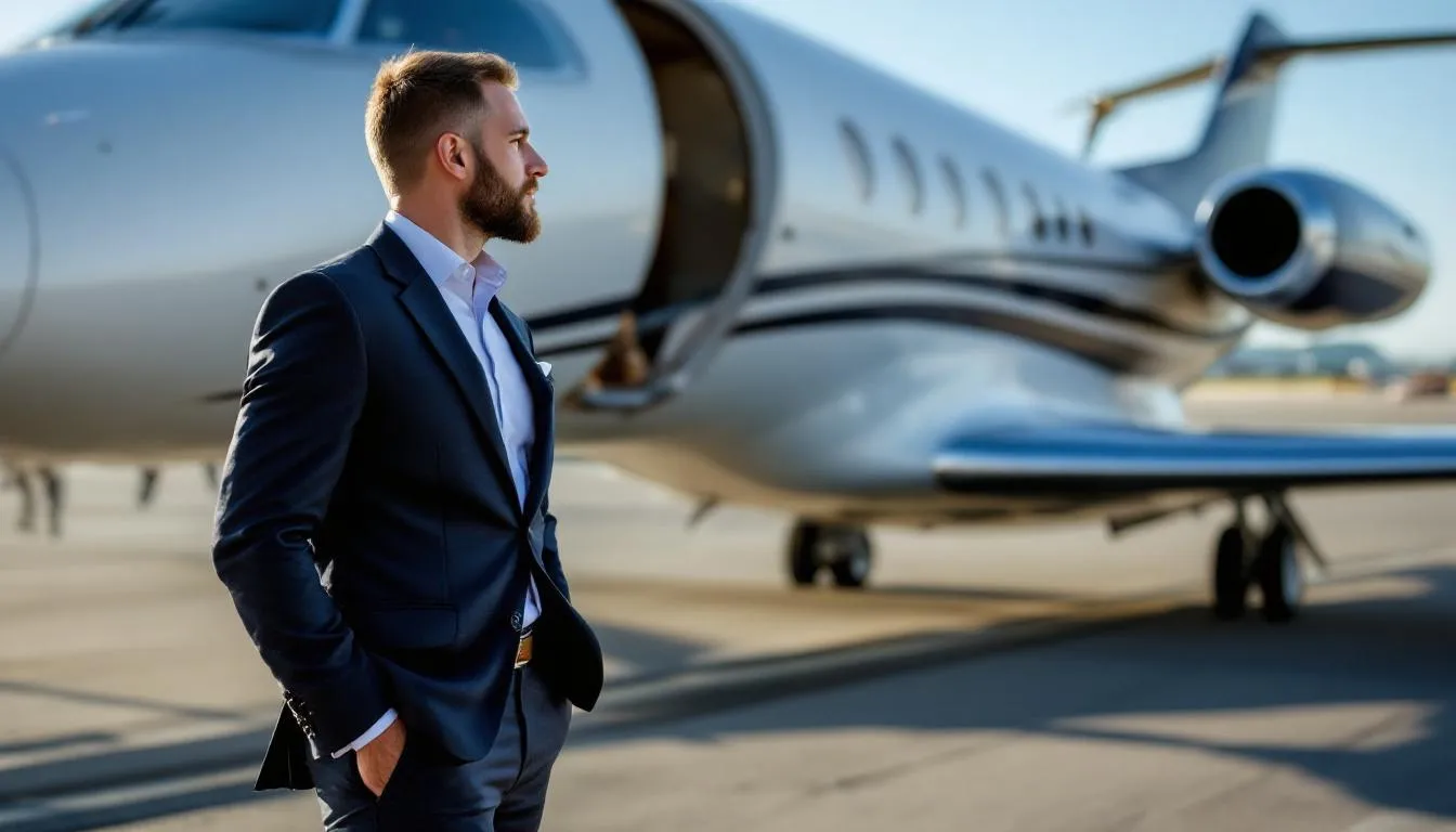 The image depicts a sleek private jet on a runway, symbolizing the luxury of private jet travel. It highlights the process of choosing the right private jet for charter flights, showcasing options for private jet rentals and the exclusive services offered in the private aviation market.