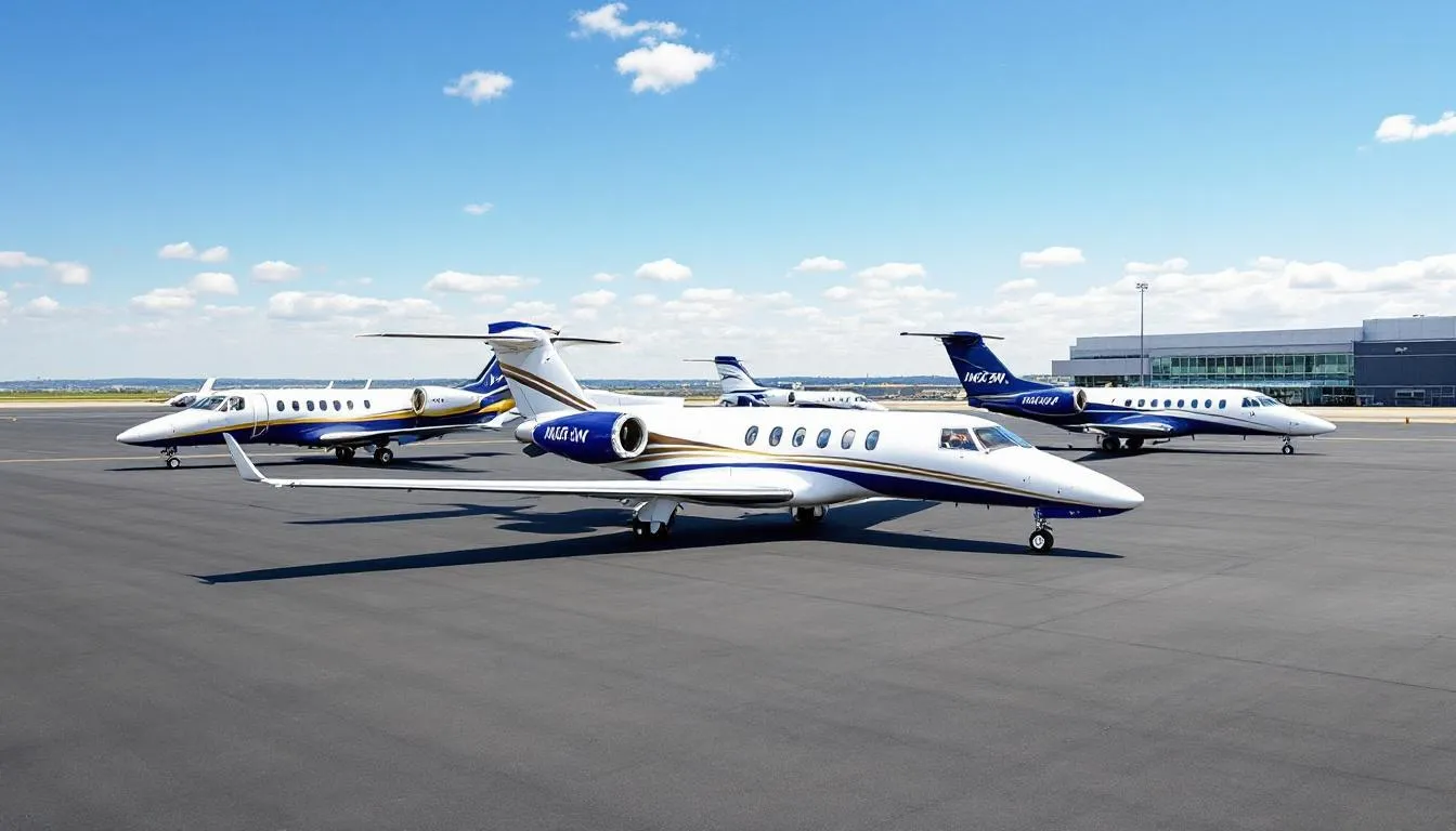 The image features a sleek light jet and a very light jet, showcasing their modern design and compact size, ideal for discerning travelers seeking private aviation options. These aircraft types represent the luxurious side of the private aviation market, offering personalized service and seamless travel experiences for both business and leisure trips.