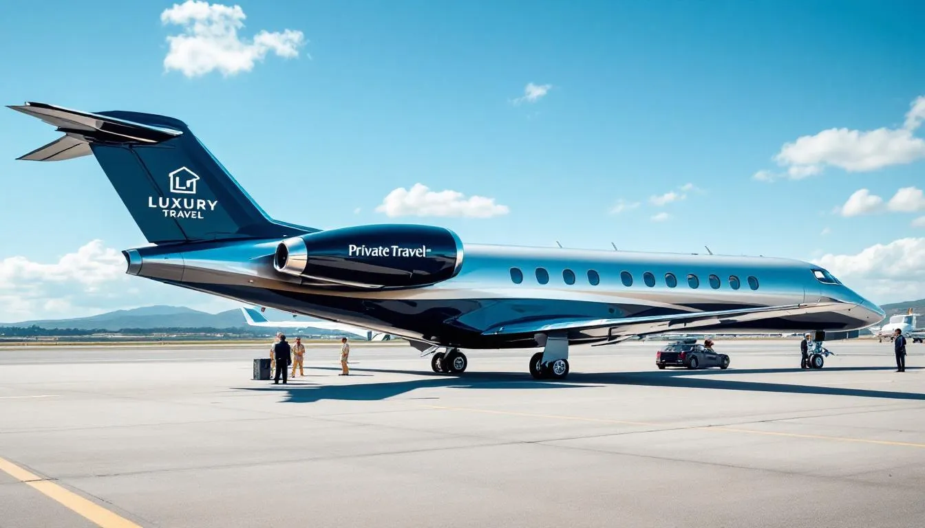 The image depicts a sleek private jet parked at a modern private terminal, showcasing the luxury and convenience of private aviation. This scene highlights the personalized service and seamless travel experience available to discerning travelers in the private aviation market.