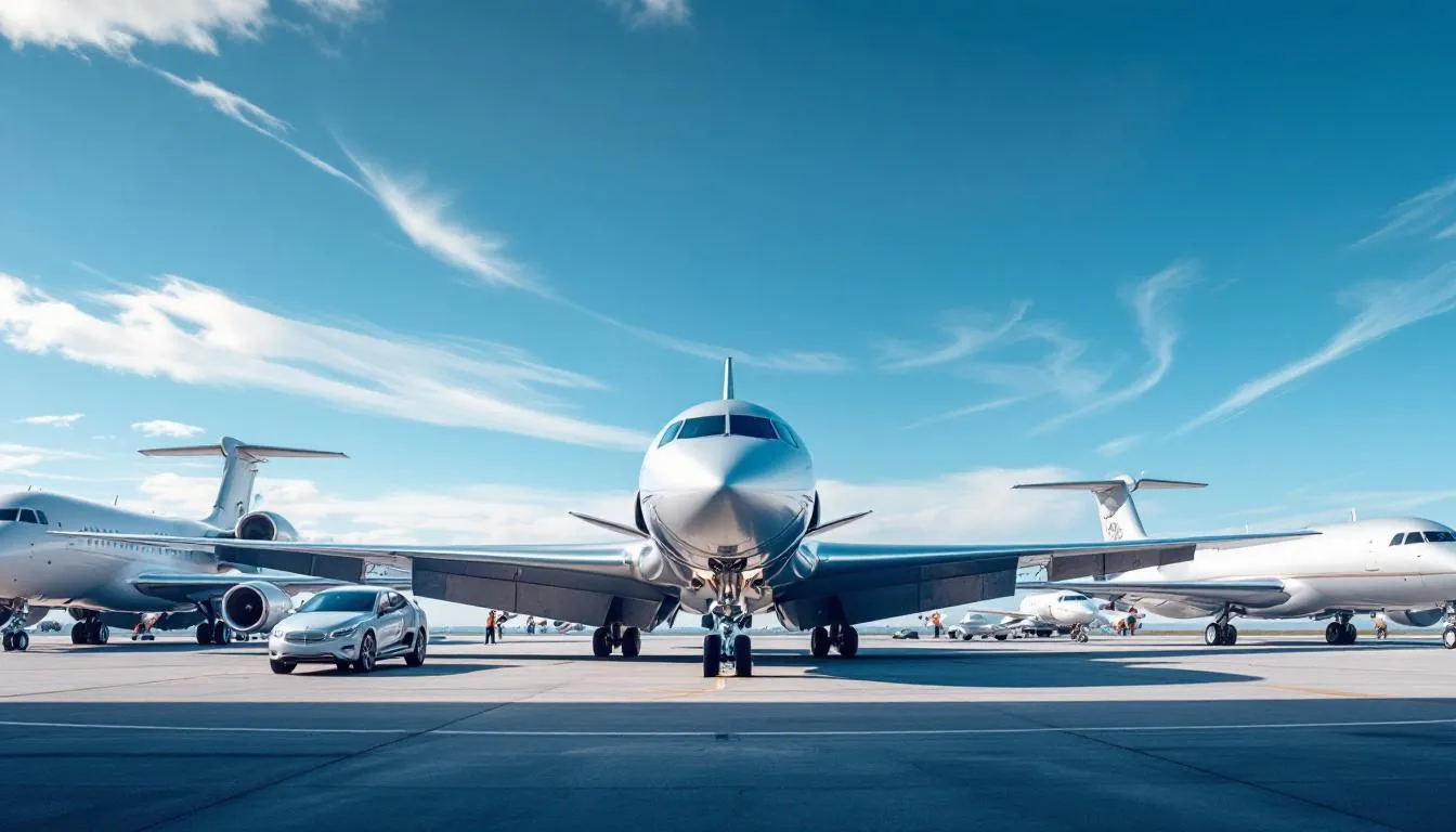 The image showcases a fleet of heavy jets and ultra-long-range jets, designed to provide unmatched private aviation services for sports team clients and the entertainment industry. These aircraft offer flexible travel options, ensuring passengers enjoy a comfortable journey to global destinations while solving air travel logistics with ease.