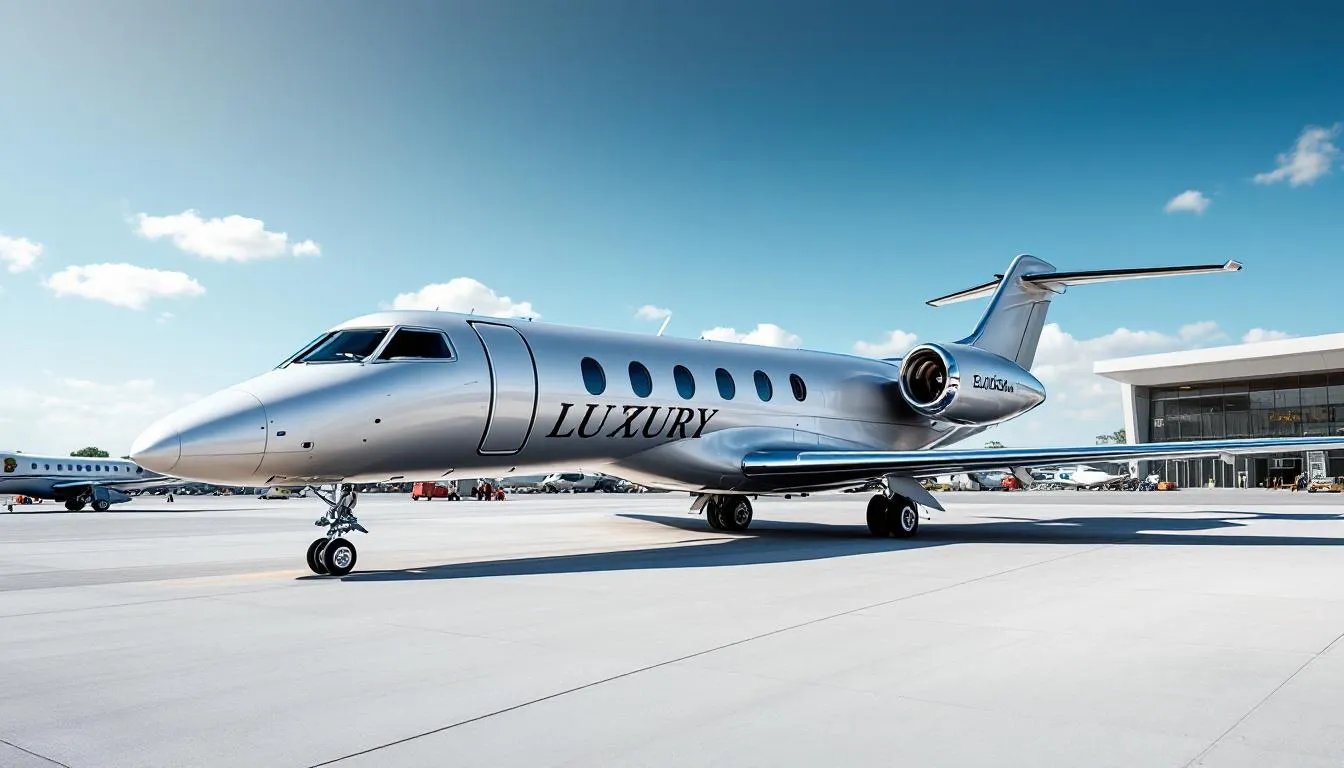 The image depicts a luxurious private jet on the tarmac, showcasing the elegance of private aviation. It highlights the benefits of private jet cards and fractional ownership programs, emphasizing the convenience and safety of flying on high-end jets for business and leisure travelers.