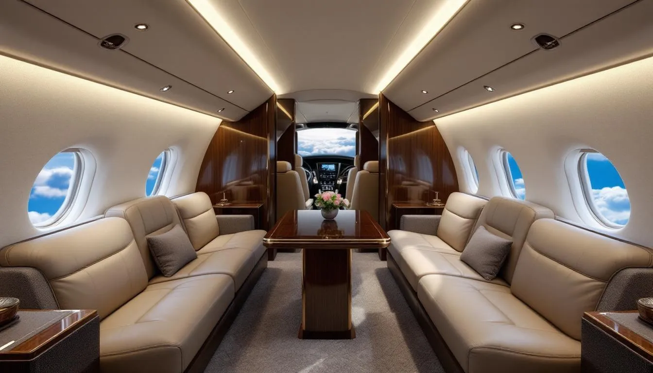 The image depicts a luxurious private jet interior, showcasing customized cabin layouts designed for exceptional comfort and style. Various seating arrangements and high-end materials highlight the visual appeal and creativity involved in private jet travel, creating an inviting space for a premium travel experience.