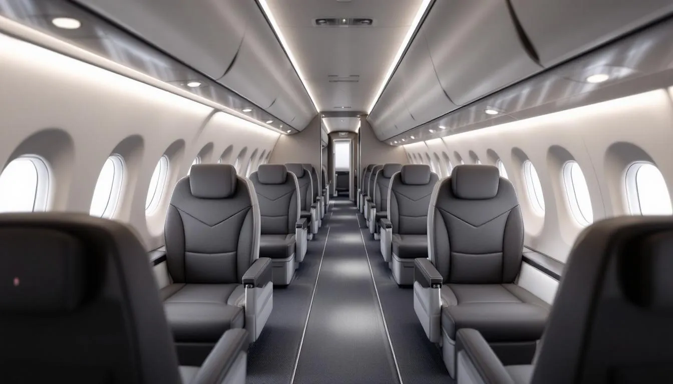 The image showcases a luxurious private jet cabin, designed for optimal comfort and visual appeal, featuring spacious seating, elegant dining areas, and state-of-the-art entertainment facilities. This customized aircraft interior reflects the perfect blend of style and functionality, enhancing the overall travel experience for discerning customers.