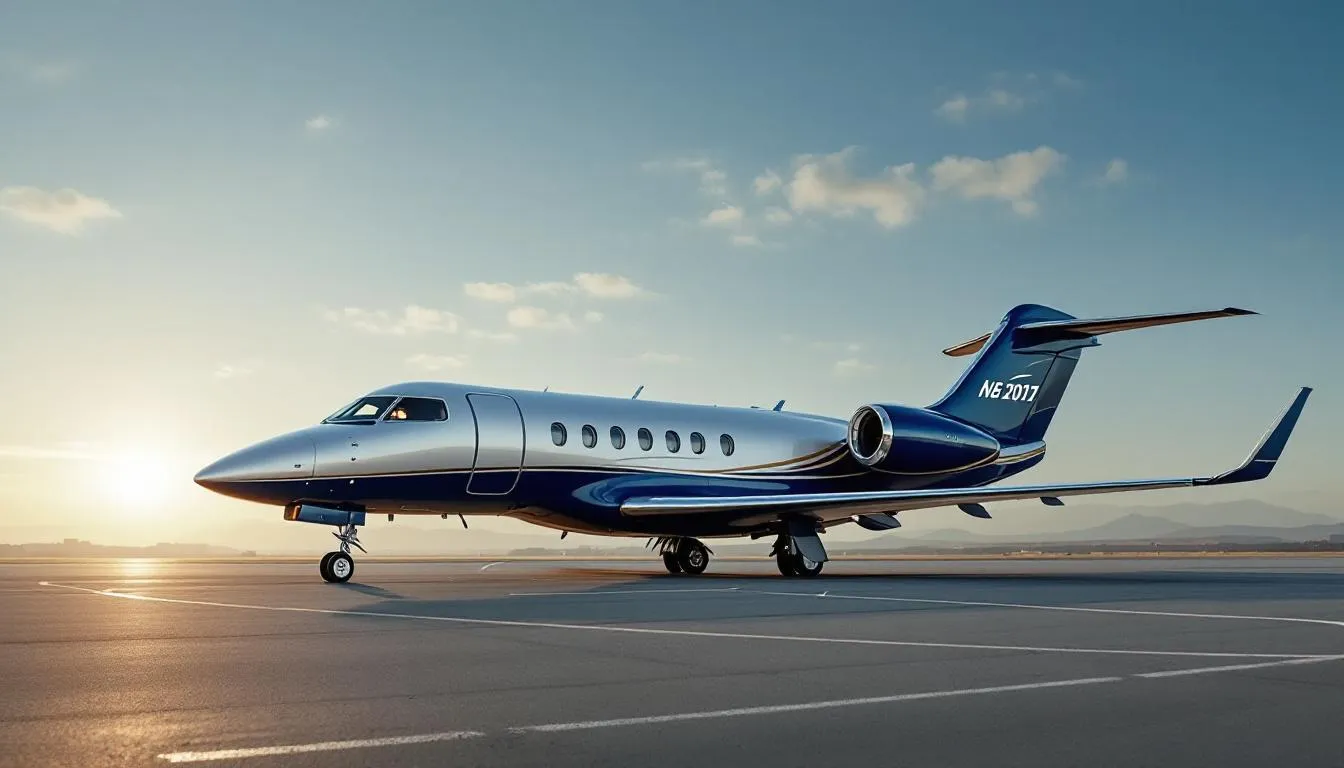 The image features a luxurious long-range private jet, showcasing its sleek design and spacious cabin, ideal for private jet charters. This aircraft represents the high standards of private aviation, catering to both business executives and leisure travelers seeking comfort and efficiency in their air travel.
