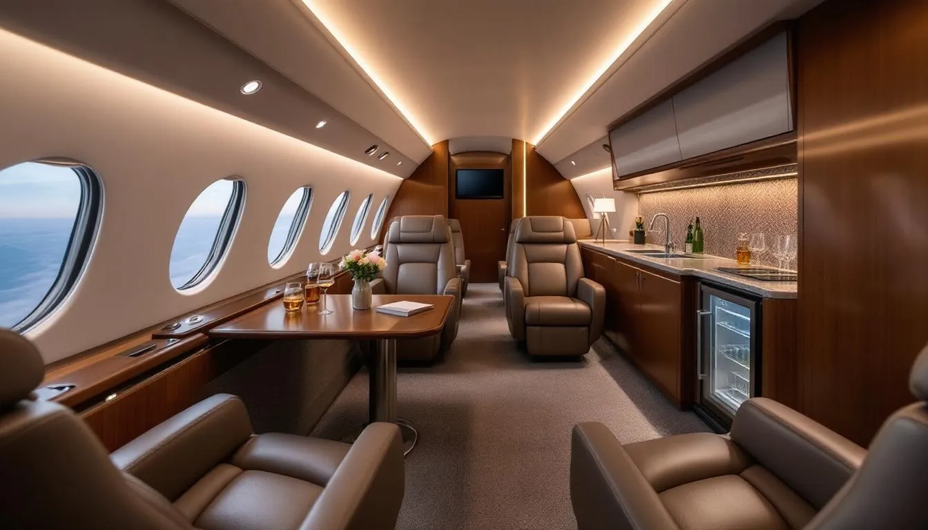 The image showcases the luxurious onboard amenities and in-flight experience of private jets, highlighting features like spacious stand-up cabins and high-end services that enhance private flight enjoyment. It emphasizes the benefits of private jet memberships and the exclusive comforts offered by various private aviation companies.