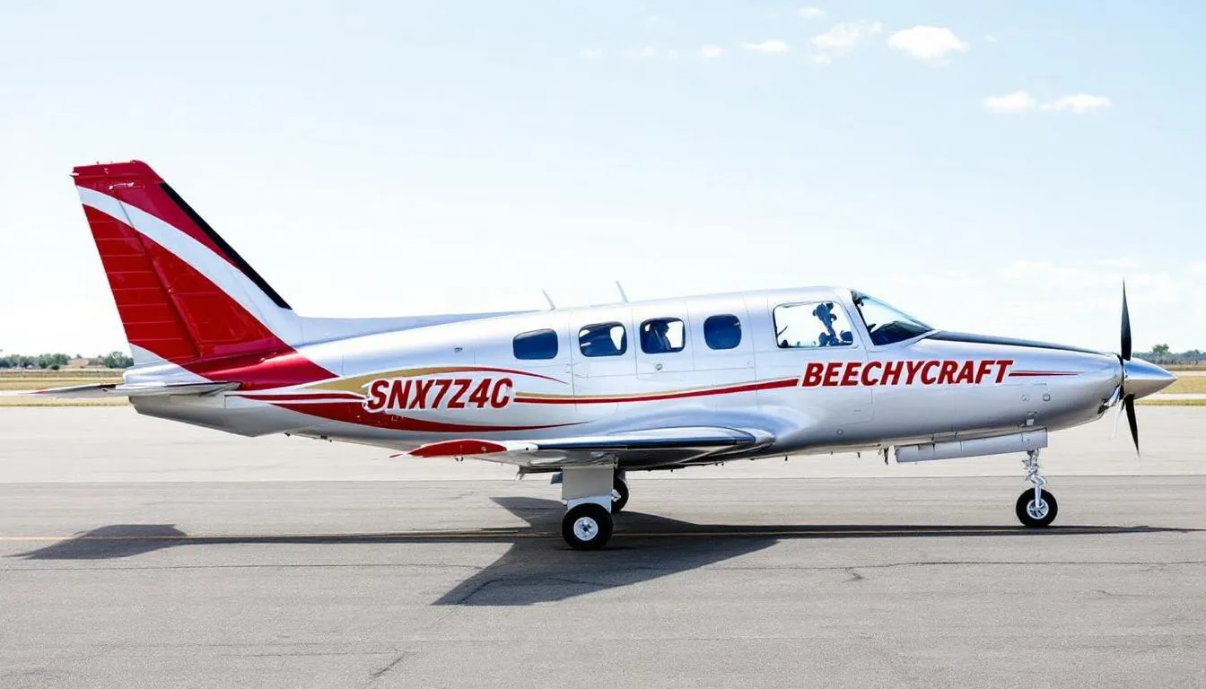 The image features a Beechcraft Bonanza, a sleek private jet known for its fuel efficiency and cabin comfort, making it an excellent choice for business travel and cross country flights. With its advanced features and spacious cabin, this aircraft is ideal for those seeking a luxurious and cost-effective flying experience.