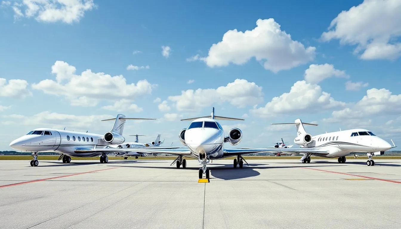The image showcases a selection of top private jets, emphasizing the luxurious design and advanced features of these aircraft, which are essential for private flights and charter services. Aviation experts highlight the importance of safety and client experience in the private jet industry, making these jets a top choice for business and leisure travel.