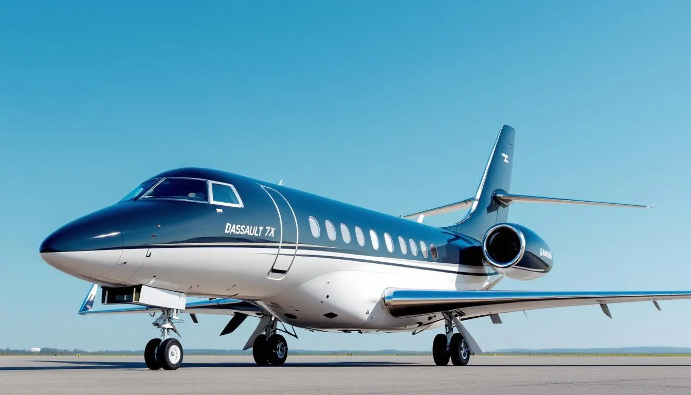 The image showcases a sleek Dassault Falcon private jet, highlighting its luxurious design and spacious cabin, ideal for business travelers. This ultra long range jet is equipped with advanced entertainment systems and ample space for up to eight passengers, making it a perfect choice for private aviation and charter flights.