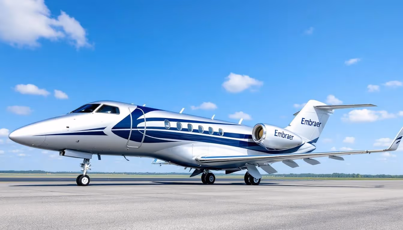 The image showcases a sleek Embraer Executive Jet, symbolizing excellence in private aviation. This efficient aircraft is designed for discerning travelers, offering maximum range and tailored services for a luxurious flying experience.