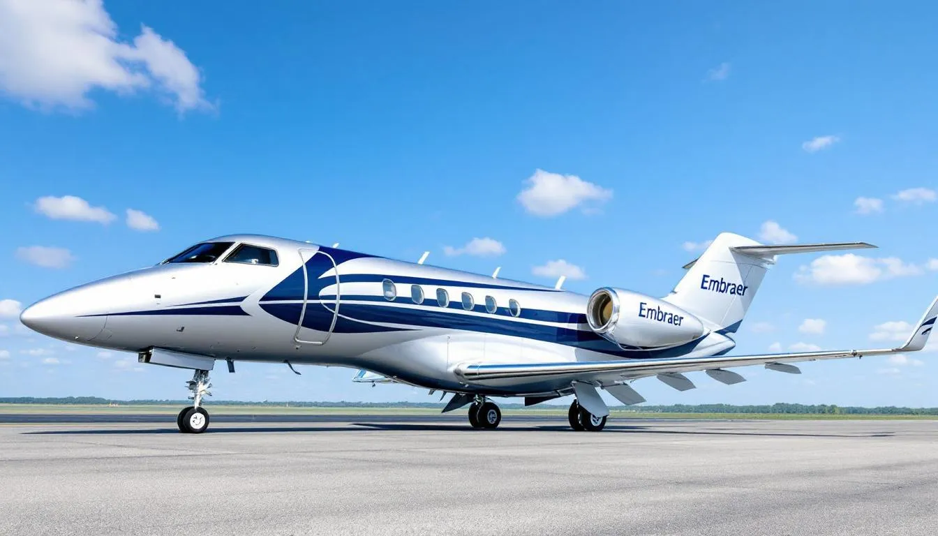 The image showcases a sleek Embraer Executive Jet, symbolizing excellence in private aviation. This efficient aircraft is designed for discerning travelers, offering maximum range and tailored services for a luxurious flying experience.