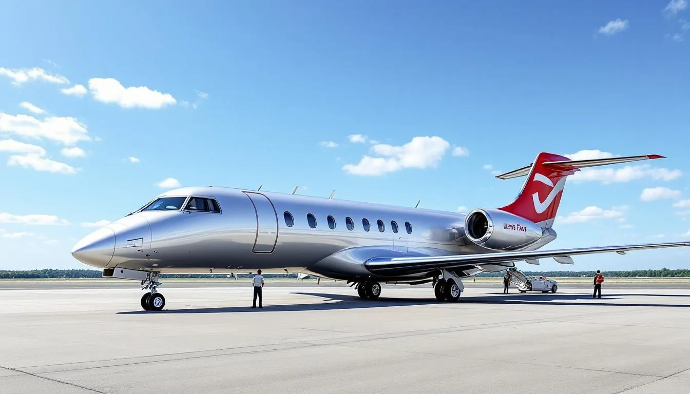 The image showcases a sleek super-midsize jet parked at a private terminal, emphasizing the luxury and convenience of private jet travel. This aircraft is ideal for charter flights, offering exceptional in-flight amenities and personalized service for discerning travelers seeking a seamless travel experience.