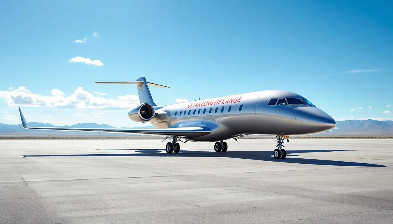 The image showcases a sleek ultra-long-range private jet parked at a private terminal, emphasizing the luxury of private aviation. With spacious interiors and in-flight amenities, this aircraft represents the ultimate private jet travel experience for discerning travelers seeking charter flights and personalized service.