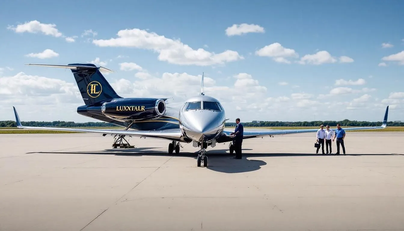 The image showcases a sleek private jet, emphasizing the luxurious experience of private jet travel. It highlights features like spacious cabins and in-flight amenities, representing the benefits of charter flights and private jet charter services for business and leisure travelers.