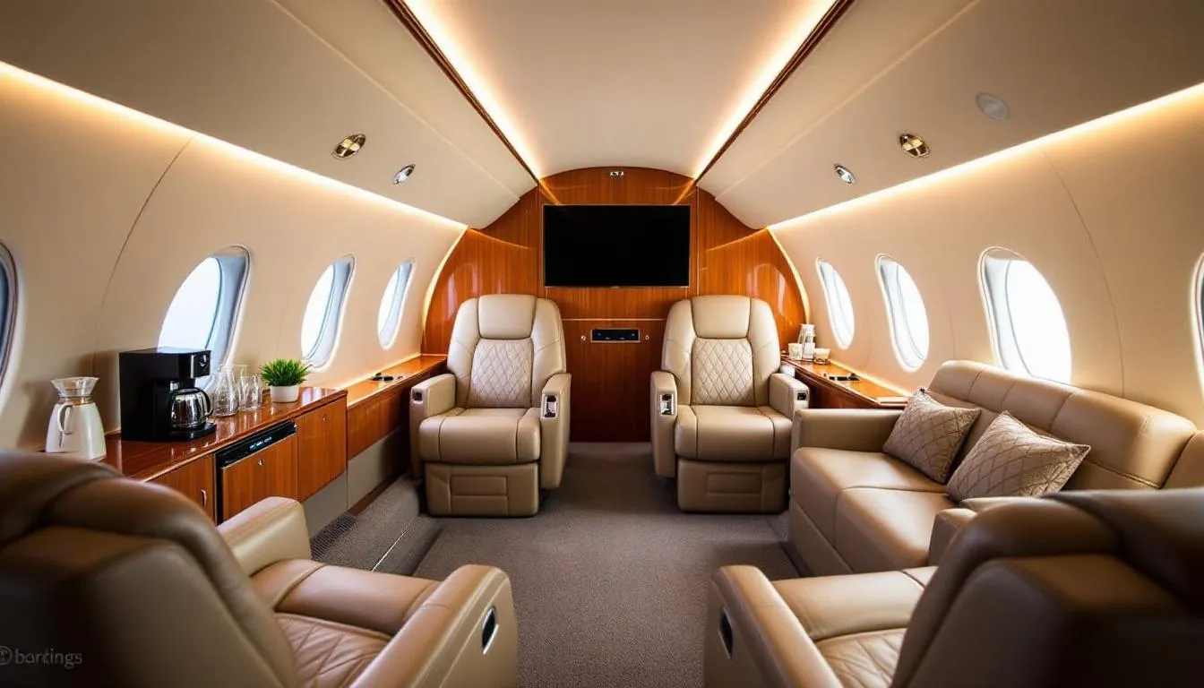 The image showcases the luxurious flight amenities available on a private jet, highlighting features like a spacious cabin, comfortable seating, and high-end entertainment options. This representation emphasizes the benefits of private jet charter services, offering a cost-effective alternative to commercial air travel for discerning travelers.